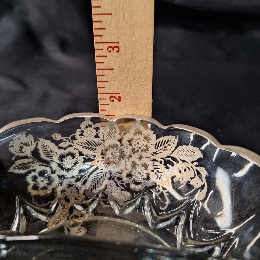 Vintage Silver Overlay Divided‎ Relish Dish Floral Scalloped Candy Bowl 8